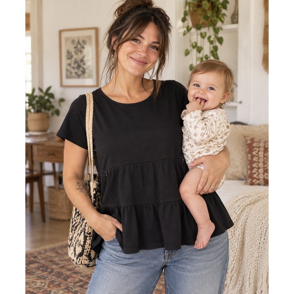 Nursing Queen Cotton Nursing Top Ruffle Black Zip Front Short Sleeve Knit M